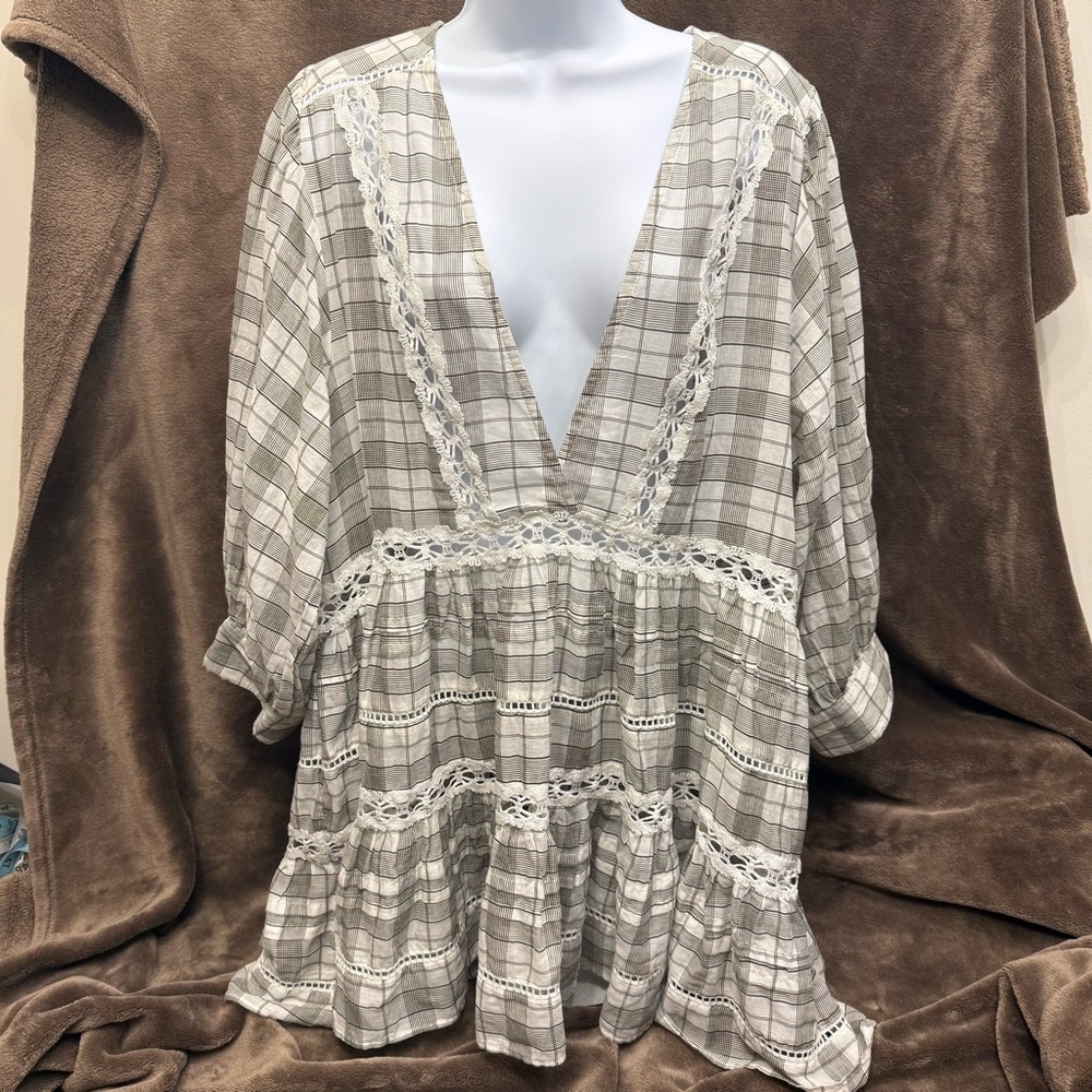 NWT Free People Ivory Plaid Tunic with Lace Trim